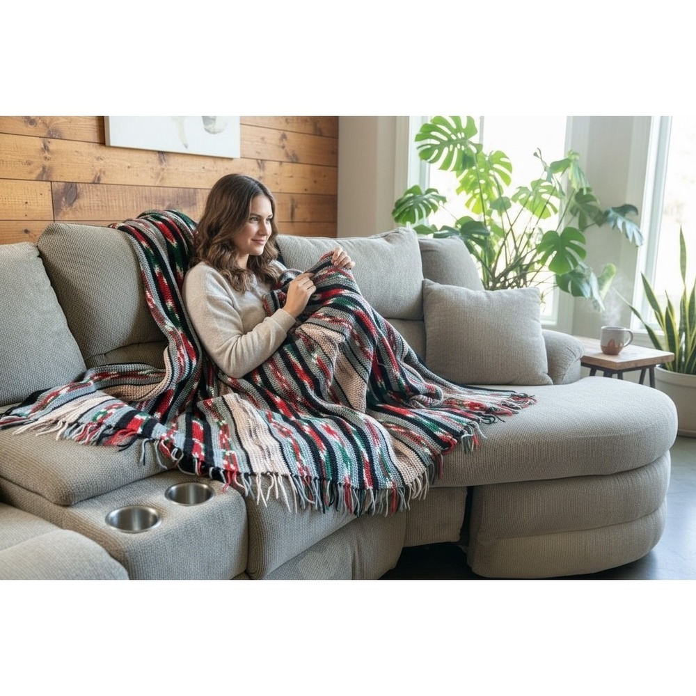 Handmade Crochet Southwestern Style Throw Afghan Red Green Black Fringed Boho